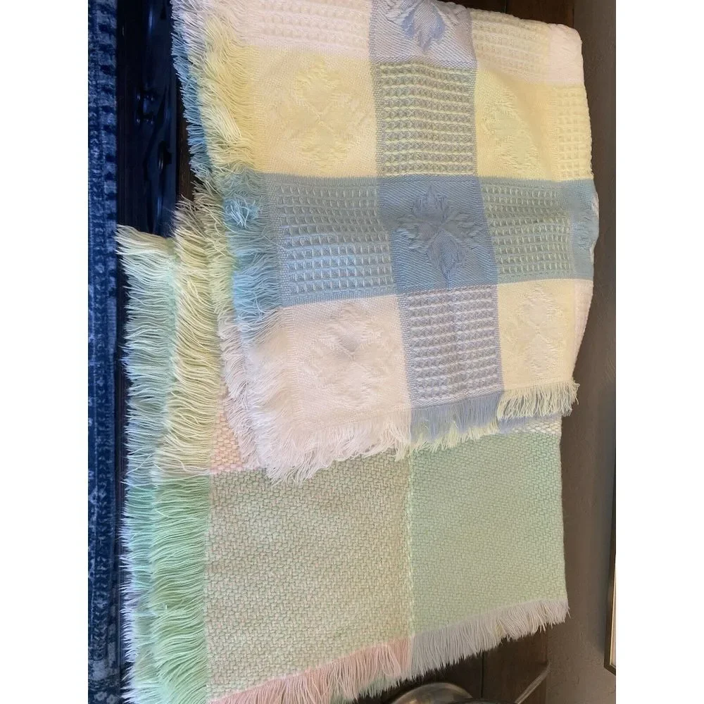 VTG FRIEMANIT Acrylic Boy Baby‎ Blanket Pastel Blue Yellow Squares Fringe Japan